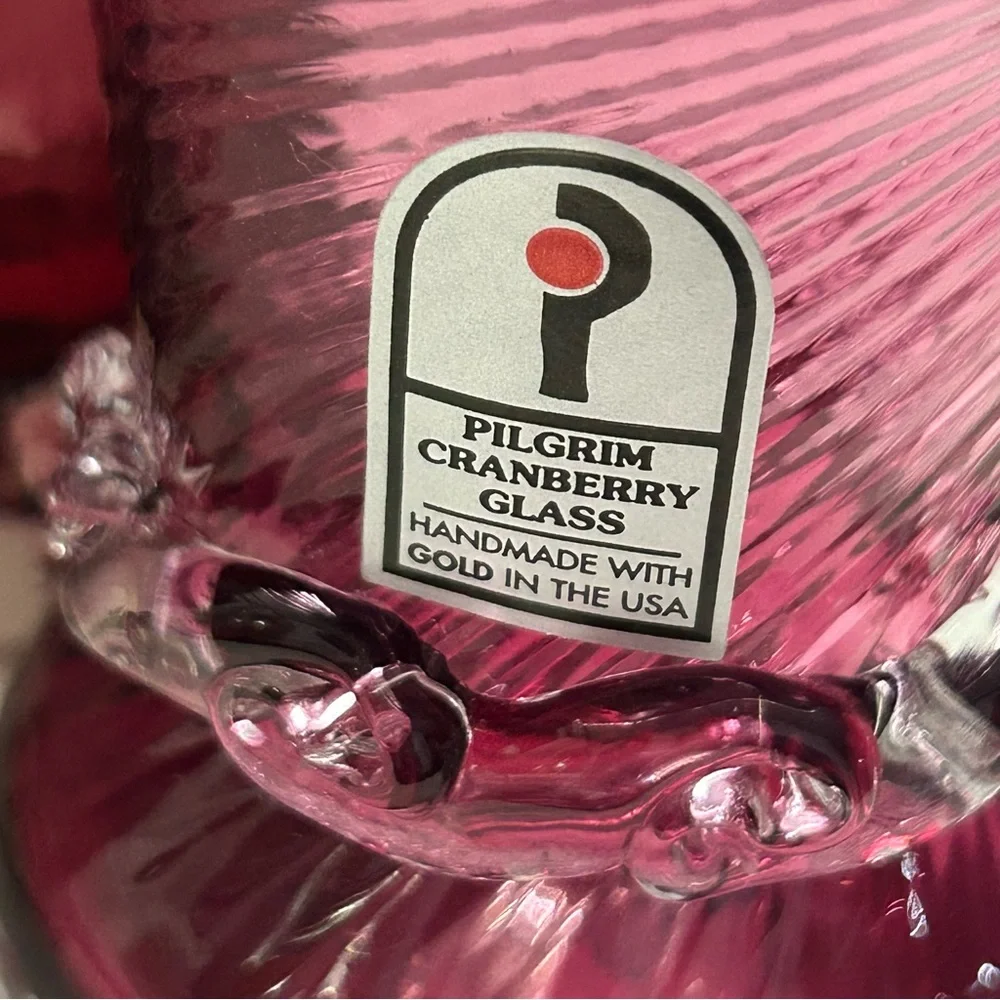 Vintage Pilgrim Cranberry Swirl Glass Vase Handblown with Original Box
